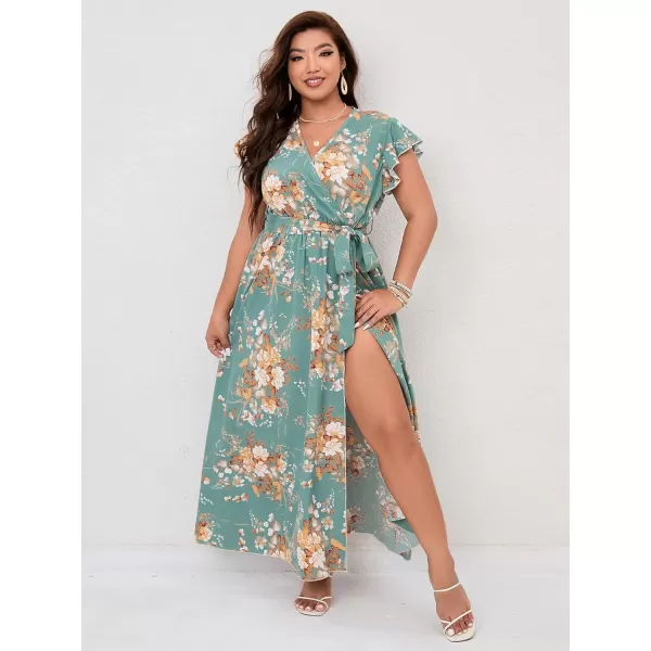 WDIRARA Women's Plus Floral Wrap V Neck Slit A Line Flutter Sleeve Swing Belted Maxi Dress