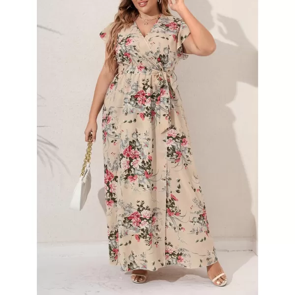 WDIRARA Women's Plus Floral Wrap V Neck Slit A Line Flutter Sleeve Swing Belted Maxi Dress
