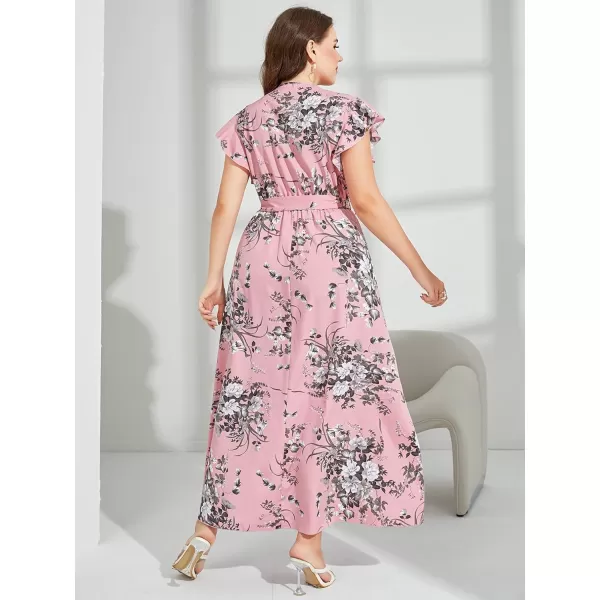 WDIRARA Women's Plus Floral Wrap V Neck Slit A Line Flutter Sleeve Swing Belted Maxi Dress