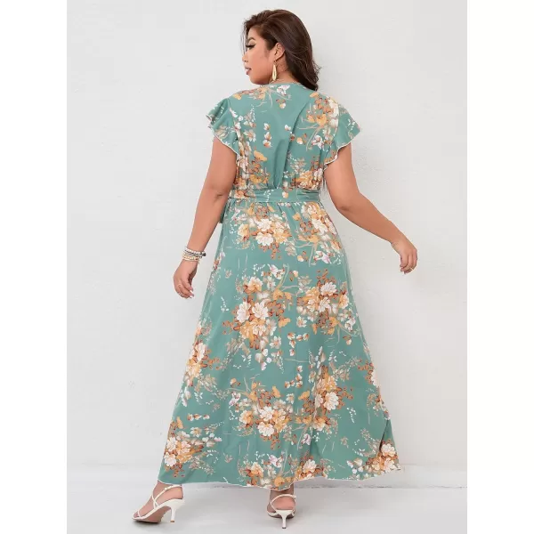WDIRARA Women's Plus Floral Wrap V Neck Slit A Line Flutter Sleeve Swing Belted Maxi Dress