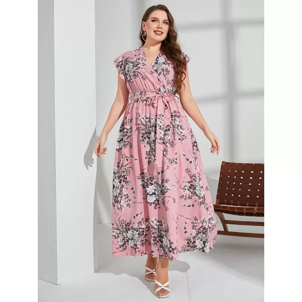 WDIRARA Women's Plus Floral Wrap V Neck Slit A Line Flutter Sleeve Swing Belted Maxi Dress