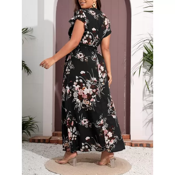 WDIRARA Women's Plus Floral Wrap V Neck Slit A Line Flutter Sleeve Swing Belted Maxi Dress
