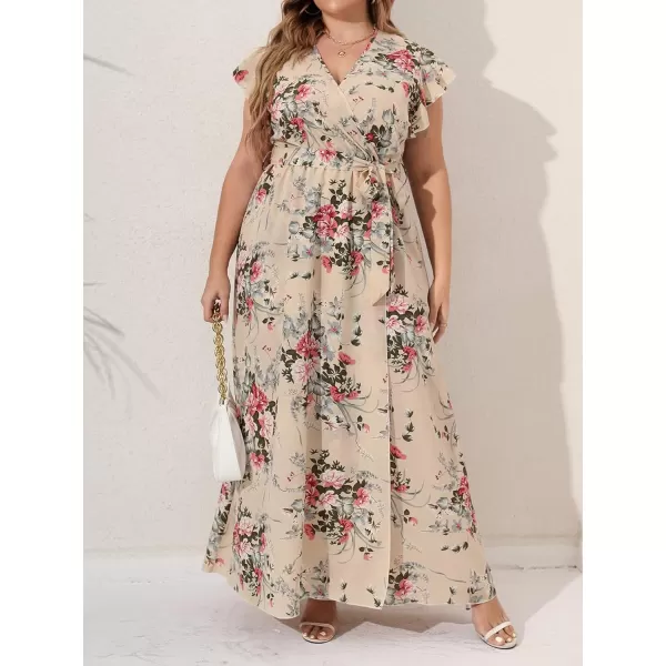 WDIRARA Women's Plus Floral Wrap V Neck Slit A Line Flutter Sleeve Swing Belted Maxi Dress