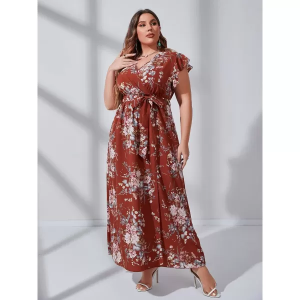 WDIRARA Women's Plus Floral Wrap V Neck Slit A Line Flutter Sleeve Swing Belted Maxi Dress