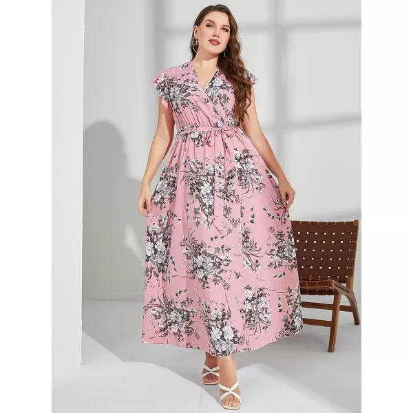 WDIRARA Women's Plus Floral Wrap V Neck Slit A Line Flutter Sleeve Swing Belted Maxi Dress
