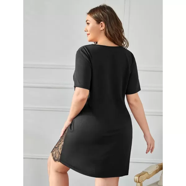 WDIRARA Women's Plus SIze Lace Trim Short Sleeve Round Neck Nightdress Sleepshirts