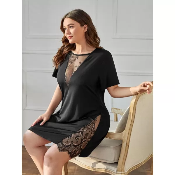 WDIRARA Women's Plus SIze Lace Trim Short Sleeve Round Neck Nightdress Sleepshirts