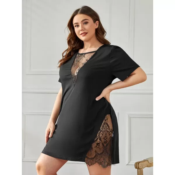 WDIRARA Women's Plus SIze Lace Trim Short Sleeve Round Neck Nightdress Sleepshirts