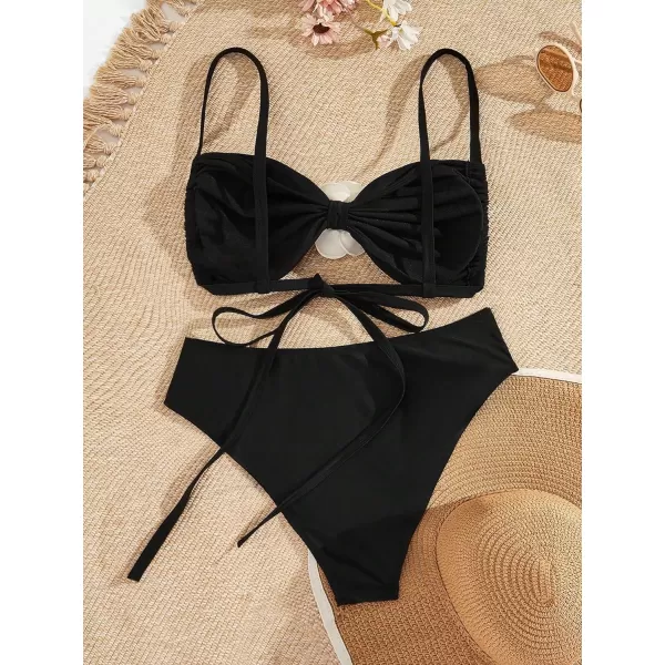 WDIRARA Women's Plus Size 2 Piece Cute Swimsuits Floral Appliques High Waist Bikini Set Beach Bathing Suit