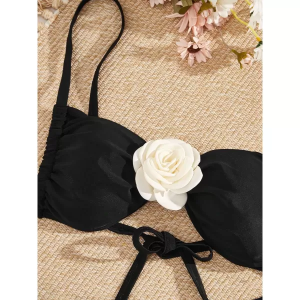 WDIRARA Women's Plus Size 2 Piece Cute Swimsuits Floral Appliques High Waist Bikini Set Beach Bathing Suit