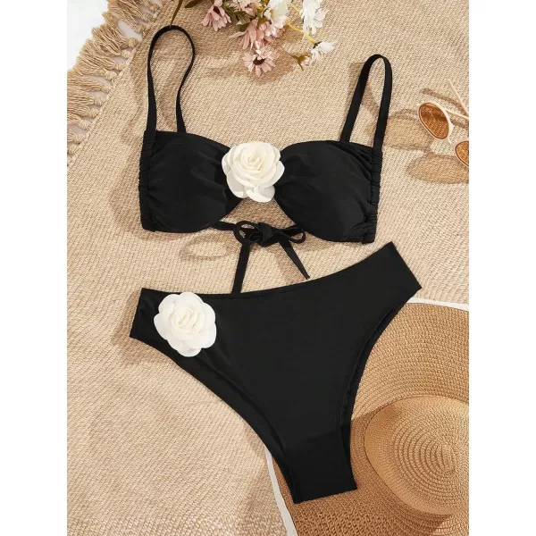 WDIRARA Women's Plus Size 2 Piece Cute Swimsuits Floral Appliques High Waist Bikini Set Beach Bathing Suit