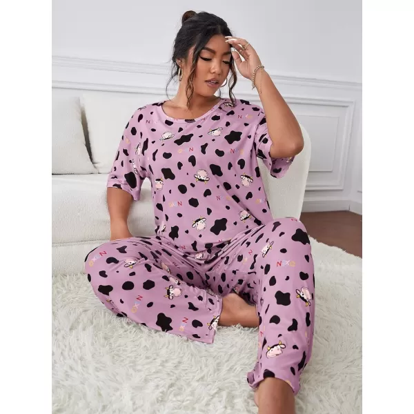 WDIRARA Women's Plus Size 2 Piece Sleepwear Cow Print Short Sleeve Top and Pants Pj Set