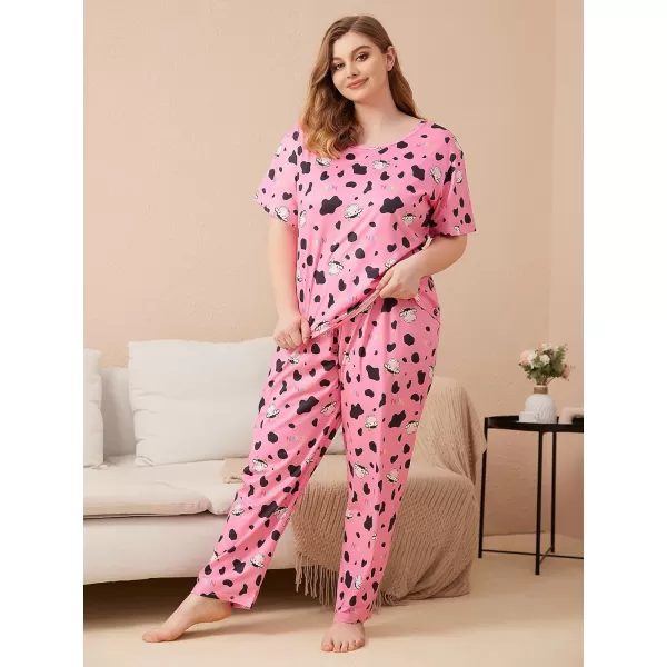 WDIRARA Women's Plus Size 2 Piece Sleepwear Cow Print Short Sleeve Top and Pants Pj Set