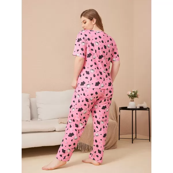 WDIRARA Women's Plus Size 2 Piece Sleepwear Cow Print Short Sleeve Top and Pants Pj Set
