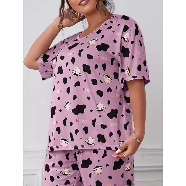 WDIRARA Women's Plus Size 2 Piece Sleepwear Cow Print Short Sleeve Top and Pants Pj Set