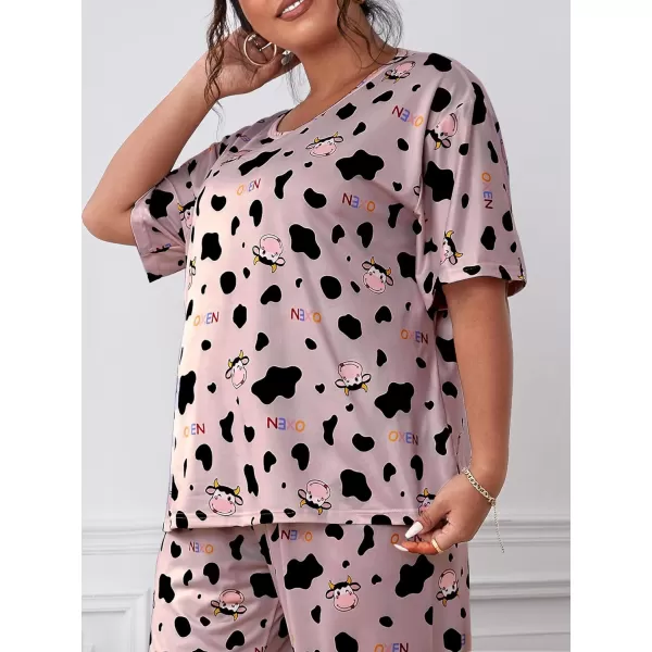 WDIRARA Women's Plus Size 2 Piece Sleepwear Cow Print Short Sleeve Top and Pants Pj Set