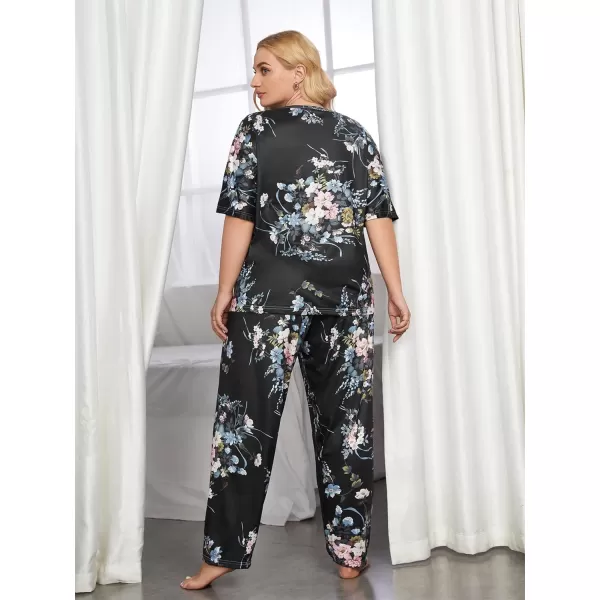 WDIRARA Women's Plus Size 2 Piece Sleepwear Floral Short Sleeve Top and Pants Pajama Set
