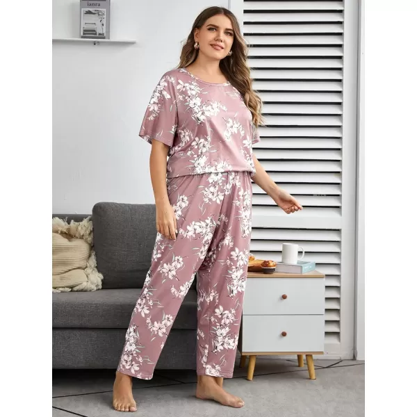 WDIRARA Women's Plus Size 2 Piece Sleepwear Floral Short Sleeve Top and Pants Pajama Set