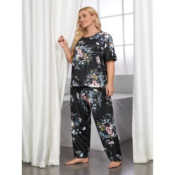 WDIRARA Women's Plus Size 2 Piece Sleepwear Floral Short Sleeve Top and Pants Pajama Set