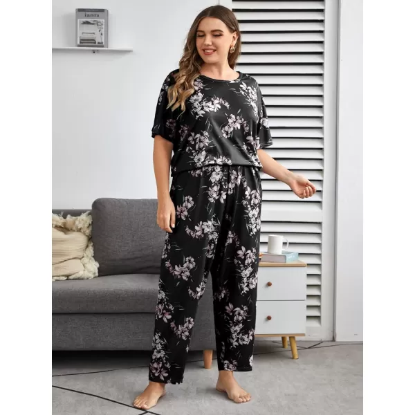 WDIRARA Women's Plus Size 2 Piece Sleepwear Floral Short Sleeve Top and Pants Pajama Set