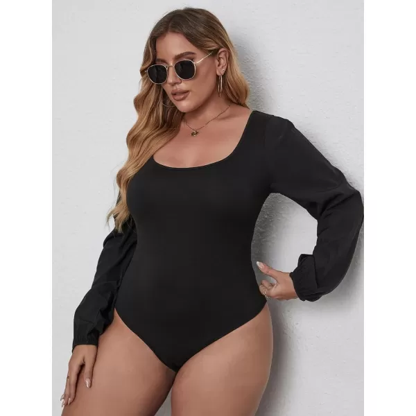 WDIRARA Women's Plus Size Bishop Long Sleeve Scoop Neck Bodysuit Casual Tops