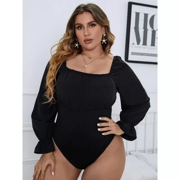 WDIRARA Women's Plus Size Bishop Long Sleeve Scoop Neck Bodysuit Casual Tops
