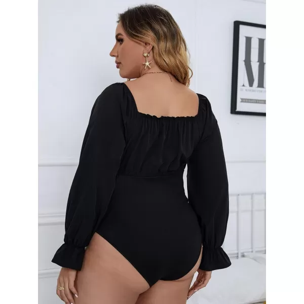 WDIRARA Women's Plus Size Bishop Long Sleeve Scoop Neck Bodysuit Casual Tops