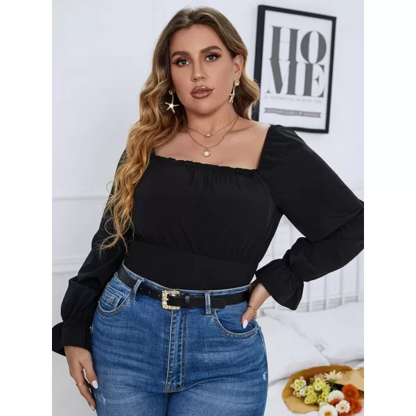WDIRARA Women's Plus Size Bishop Long Sleeve Scoop Neck Bodysuit Casual Tops