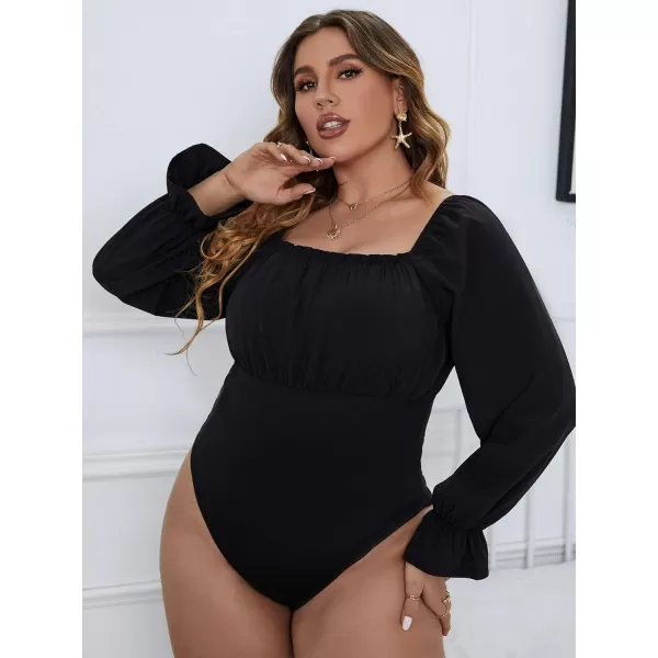 WDIRARA Women's Plus Size Bishop Long Sleeve Scoop Neck Bodysuit Casual Tops