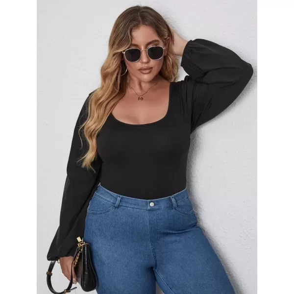 WDIRARA Women's Plus Size Bishop Long Sleeve Scoop Neck Bodysuit Casual Tops