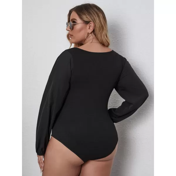 WDIRARA Women's Plus Size Bishop Long Sleeve Scoop Neck Bodysuit Casual Tops
