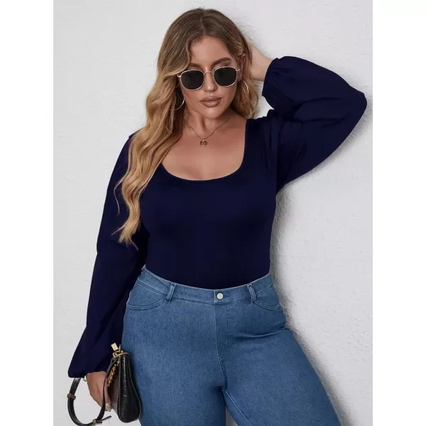 WDIRARA Women's Plus Size Bishop Long Sleeve Scoop Neck Bodysuit Casual Tops