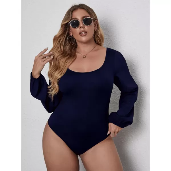 WDIRARA Women's Plus Size Bishop Long Sleeve Scoop Neck Bodysuit Casual Tops