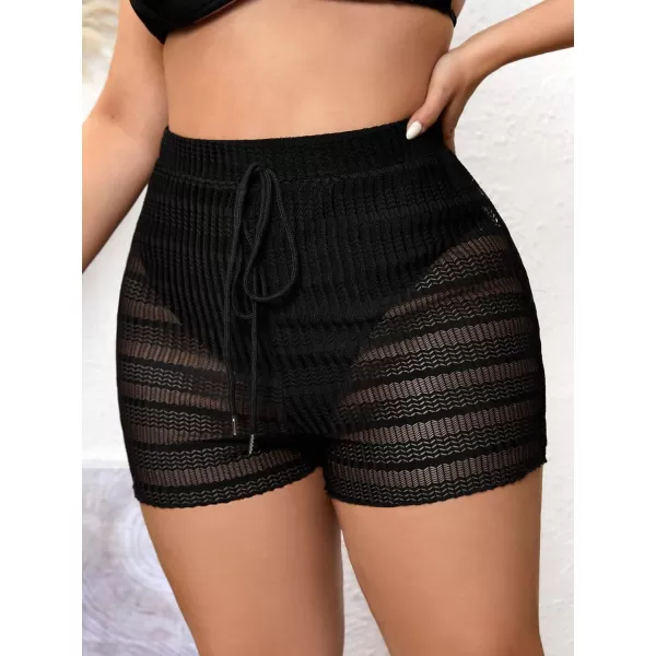 WDIRARA Women's Plus Size Boho Hollow Out Cover Up Shorts High Waist Swimwear Sheer Beach Shorts