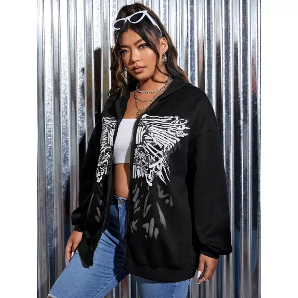 WDIRARA Women's Plus Size Butterfly Print Zip Up Drop Shoulder Hoodie Sweatshirt