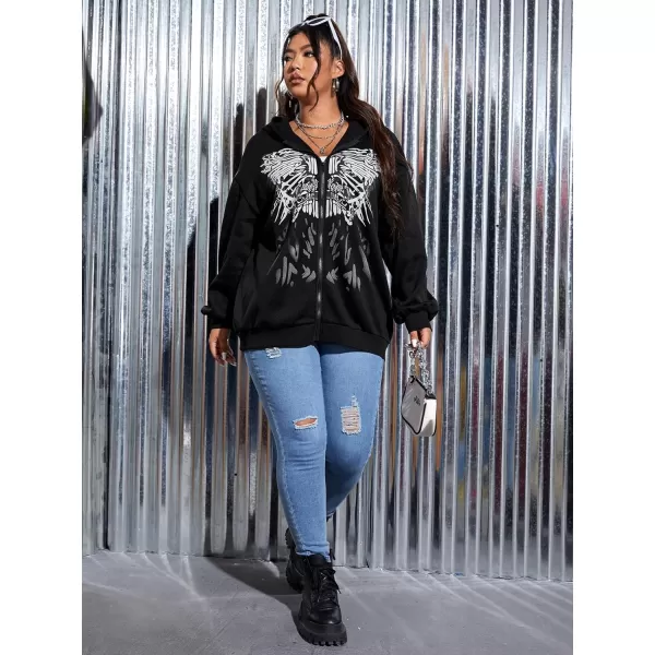WDIRARA Women's Plus Size Butterfly Print Zip Up Drop Shoulder Hoodie Sweatshirt