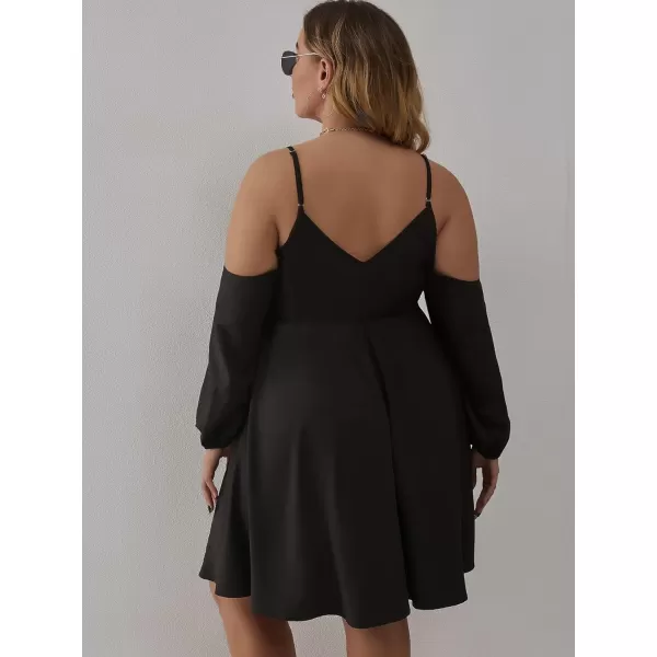 WDIRARA Women's Plus Size Cold Shoulder Ruffle Trim Bishop Sleeve A Line Dress