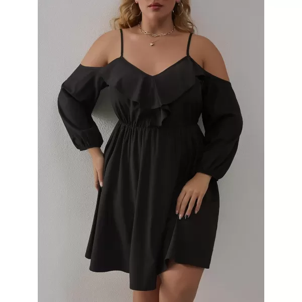 WDIRARA Women's Plus Size Cold Shoulder Ruffle Trim Bishop Sleeve A Line Dress