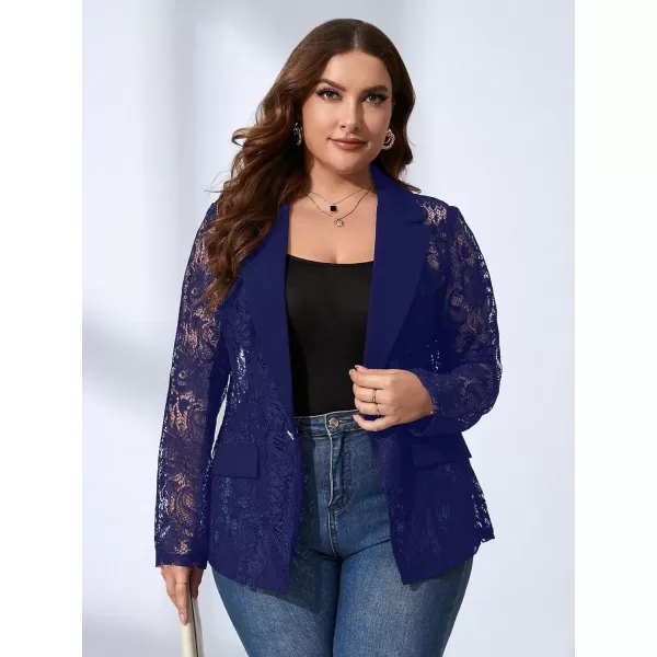 WDIRARA Women's Plus Size Contrast Lace Button Front Lapel Neck Long Sleeve Elegant Blazer