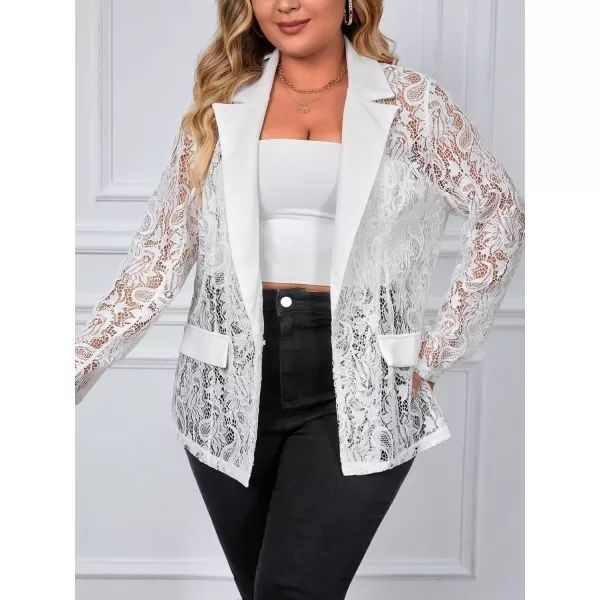 WDIRARA Women's Plus Size Contrast Lace Button Front Lapel Neck Long Sleeve Elegant Blazer