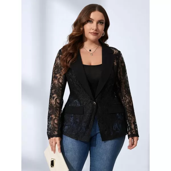 WDIRARA Women's Plus Size Contrast Lace Button Front Lapel Neck Long Sleeve Elegant Blazer