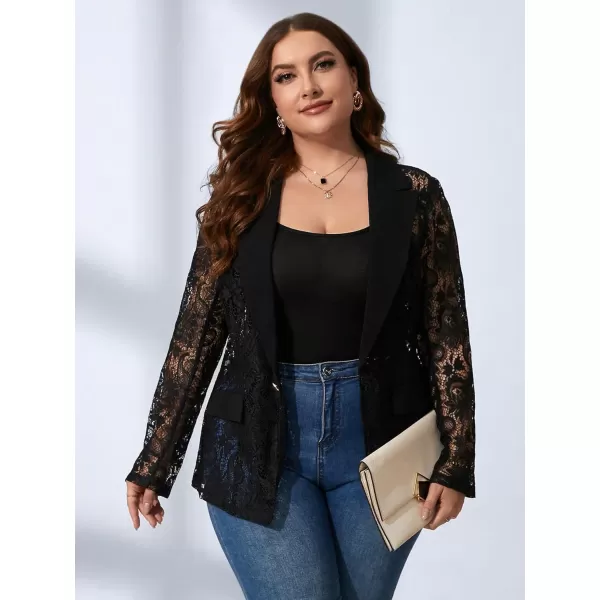 WDIRARA Women's Plus Size Contrast Lace Button Front Lapel Neck Long Sleeve Elegant Blazer
