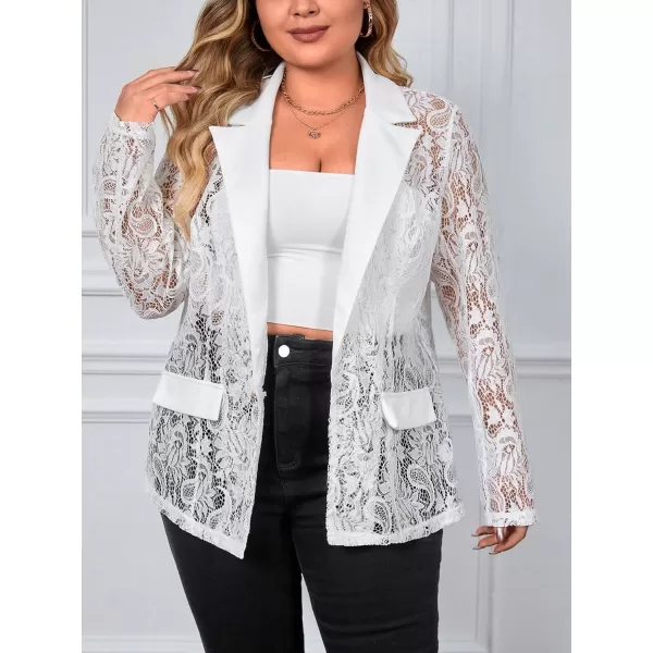 WDIRARA Women's Plus Size Contrast Lace Button Front Lapel Neck Long Sleeve Elegant Blazer