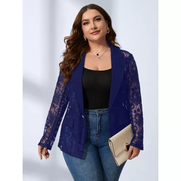 WDIRARA Women's Plus Size Contrast Lace Button Front Lapel Neck Long Sleeve Elegant Blazer