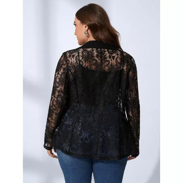 WDIRARA Women's Plus Size Contrast Lace Button Front Lapel Neck Long Sleeve Elegant Blazer