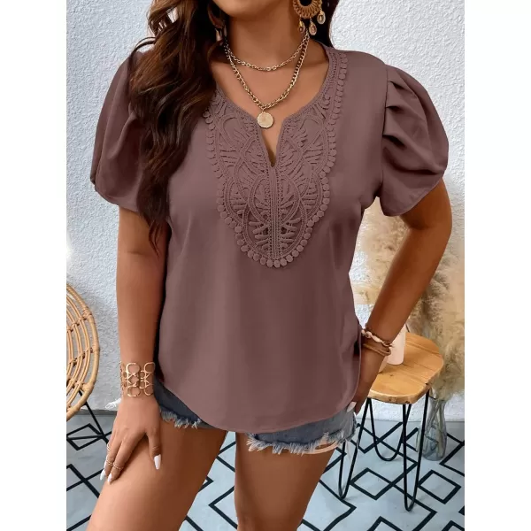 WDIRARA Women's Plus Size Contrast Lace Tops Short Sleeve Notched Neck Blouse