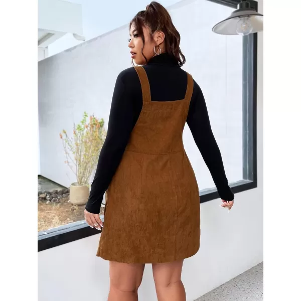 WDIRARA Women's Plus Size Corduroy Overalls Sleeveless Solid Pinafore Dress with Pocket