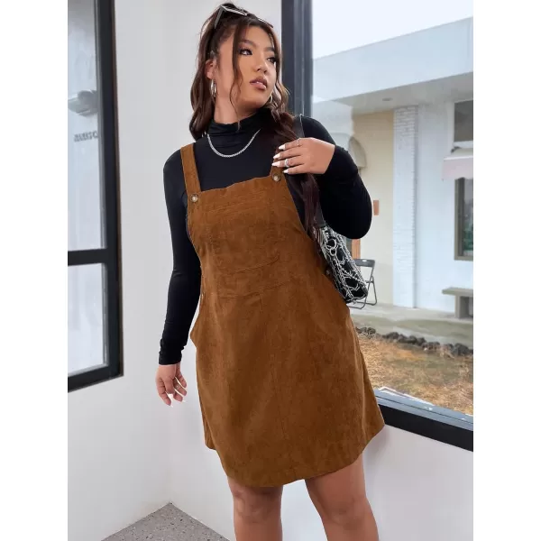 WDIRARA Women's Plus Size Corduroy Overalls Sleeveless Solid Pinafore Dress with Pocket