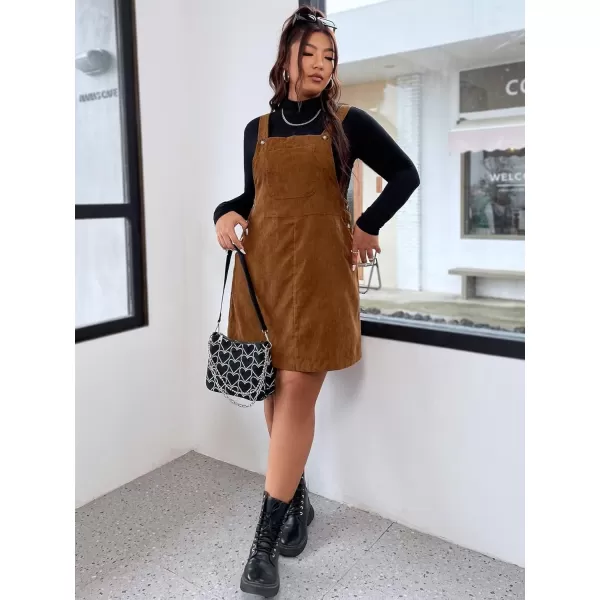 WDIRARA Women's Plus Size Corduroy Overalls Sleeveless Solid Pinafore Dress with Pocket