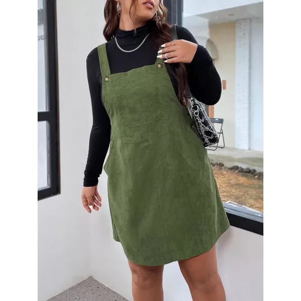 WDIRARA Women's Plus Size Corduroy Overalls Sleeveless Solid Pinafore Dress with Pocket